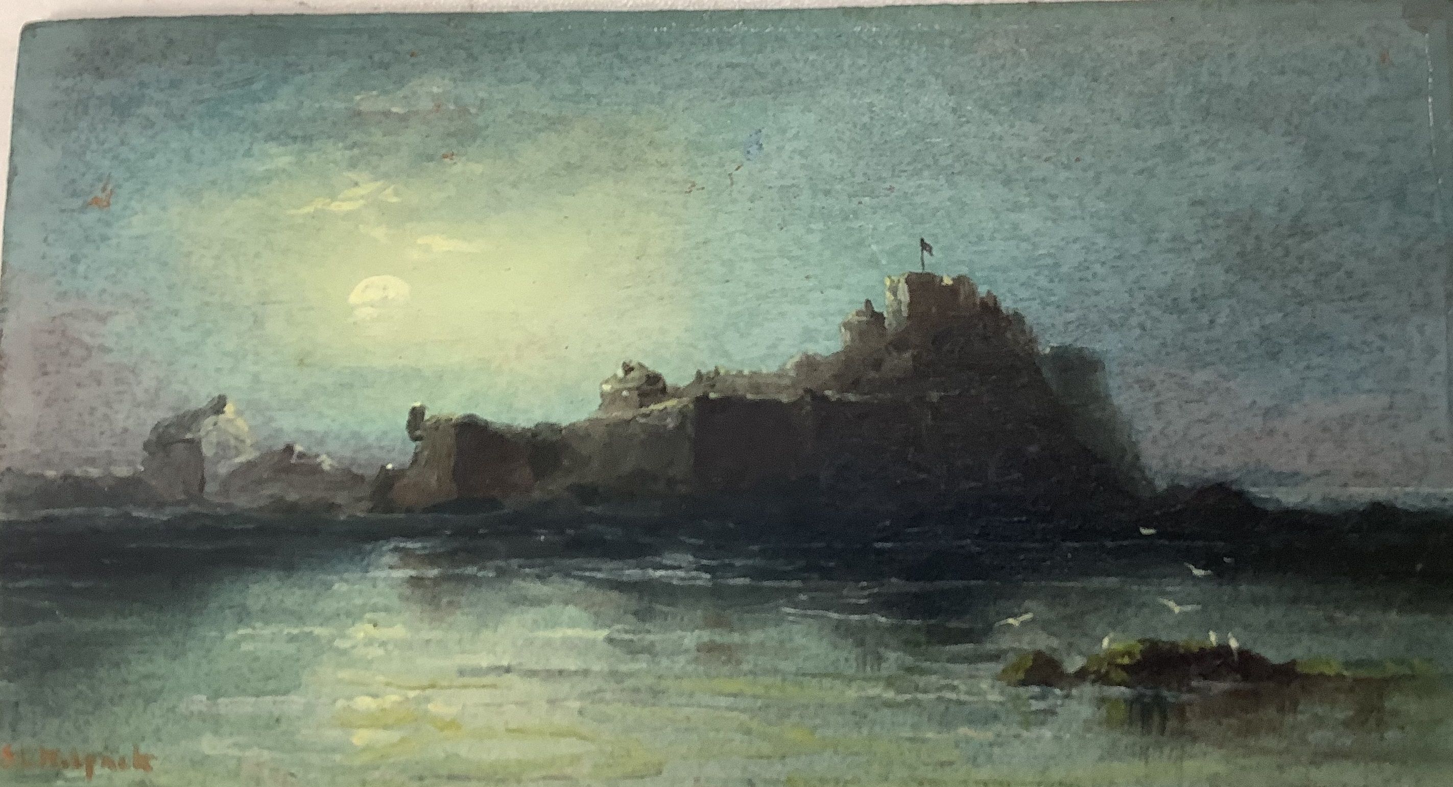 Sarah Louise Kilpack, (1839-1909). Elizabeth Castle, Jersey, in moonlight. Miniature oil on panel, unframed. 7.5x14cm